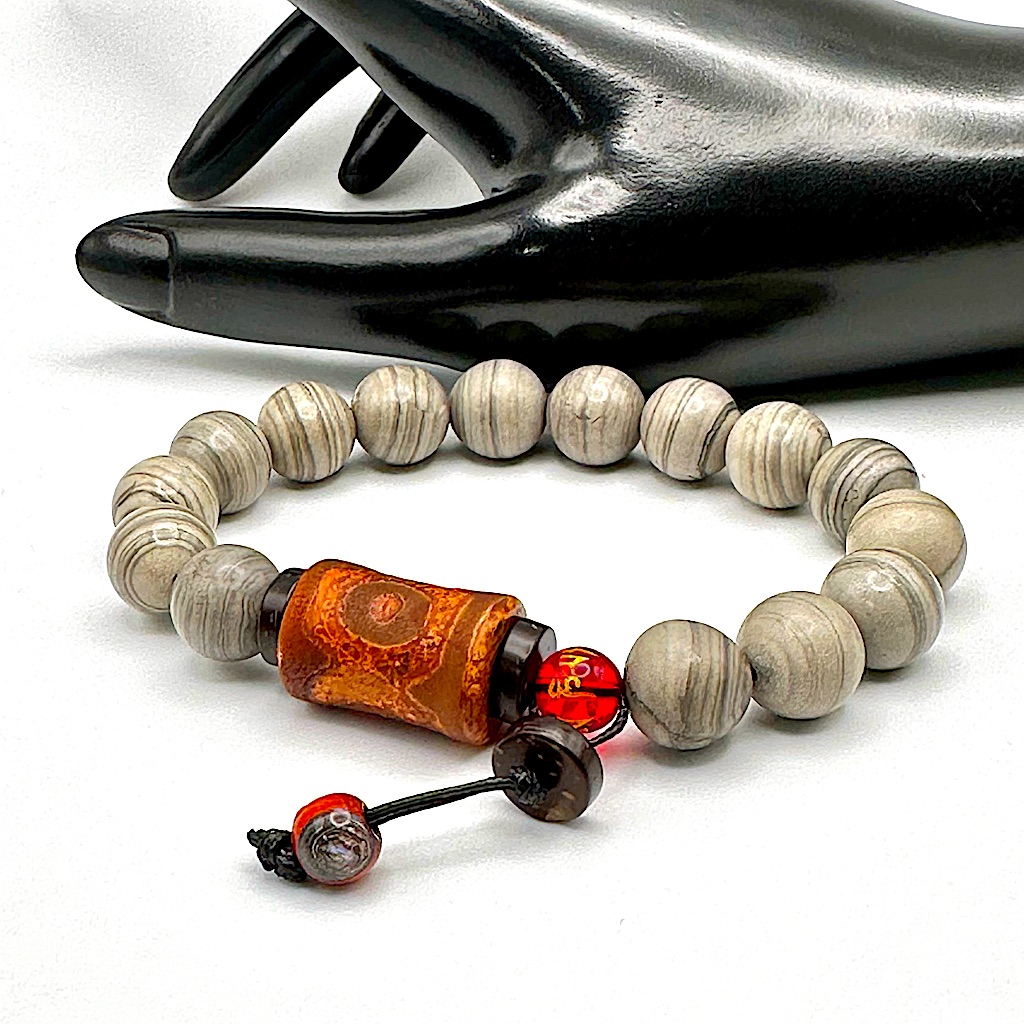 Grey Jasper +3 Eye Dzi Agate Natural Stones Bracelet Size 7”